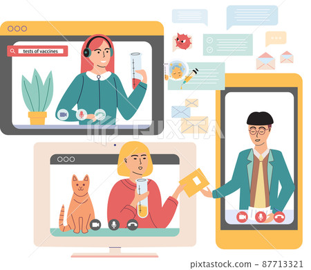 Virtual meeting, online teamwork. Computer with group of colleagues taking part in video conference Virtual meeting, online teamwork. Computer with group of colleagues taking part in video conference 87713321