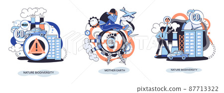 Nature biodiversity vector illustration set mother earth climate change awareness ecological concept. Creative metaphor 87713322
