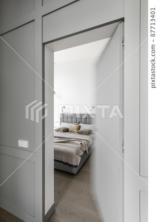 Modern Minimalism Style Bedroom Interior In Beige  and grey Tones 87713401