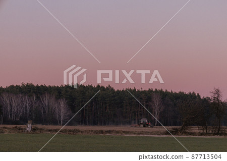 Silhouettes of trees in the sunset sky at dusk. Countryside landscape with a tractor that plows the field in early spring Silhouettes of trees in the sunset sky at dusk. Countryside landscape with a tractor that plows the field in early spring 87713504