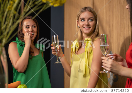 Friendly young girls drinking champagne and chatting at home Friendly young girls drinking champagne and chatting at home 87714230