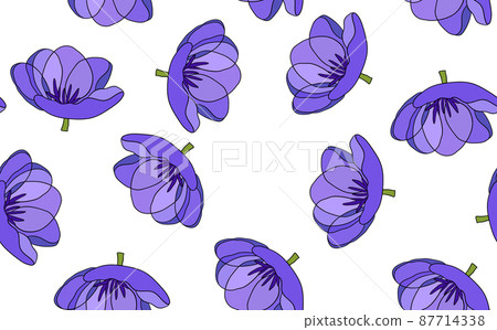 Spring colorful vector illustration with violet tulips. Cartoon style. Design for fabric, textile, paper. Holiday print for Easter, Birthday, 8 march. Flowers with leaves Spring colorful vector illustration with violet tulips. Cartoon style. Design for fabric, textile, paper. Holiday print for Easter, Birthday, 8 march. Flowers with leaves 87714338