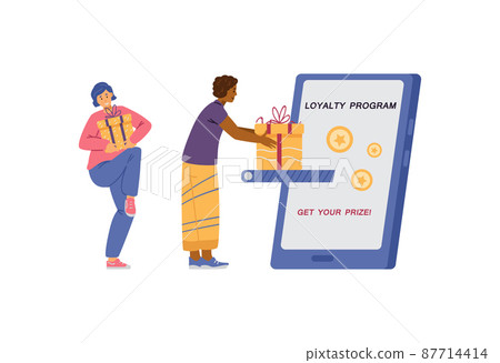 Happy clients getting rewards and gifts for purchase flat vector Illustration. 87714414