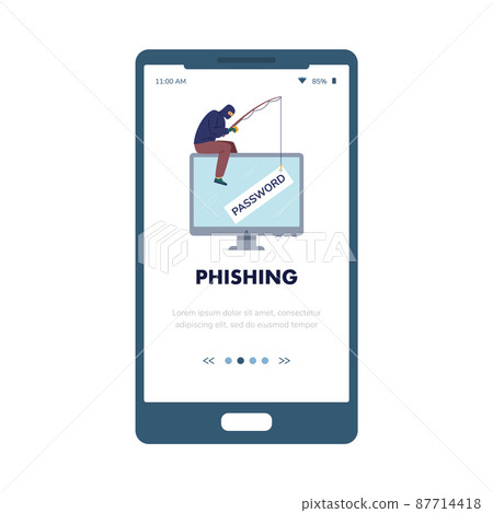 Hacker phishing password, computer fraud vector banner for cyber security alert on smartphone. Flat illustration. 87714418