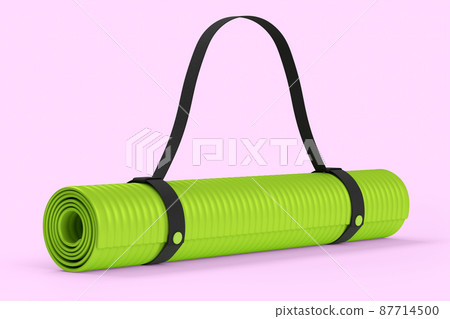 Green yoga mat or lightweight foam camping bed roll pad isolated on pink background. 3d rendering of sport equipment for fitness, yoga and active workout Green yoga mat or lightweight foam camping bed roll pad isolated on pink background. 3d rendering of sport equipment for fitness, yoga and active workout 87714500