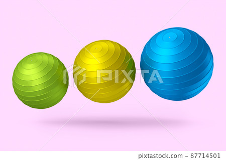 Multicolor fitball or fitness ball isolated pink background. 3d rendering of sport equipment for fitness, yoga and active workout Multicolor fitball or fitness ball isolated pink background. 3d rendering of sport equipment for fitness, yoga and active workout 87714501