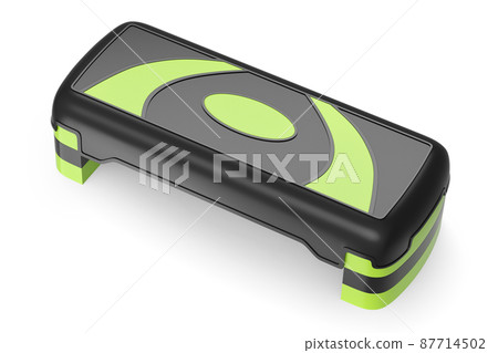 Stepper for fitness and green step platform for aerobics isolated on white background. 3d rendering of sport equipment for fitness, trx and active workout Stepper for fitness and green step platform for aerobics isolated on white background. 3d rendering of sport equipment for fitness, trx and active workout 87714502