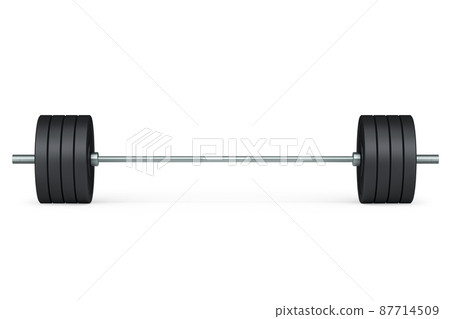 Abstract metal barbell isolated on white background. 3d rendering of sport equipment for fitness and powerlifting Abstract metal barbell isolated on white background. 3d rendering of sport equipment for fitness and powerlifting 87714509