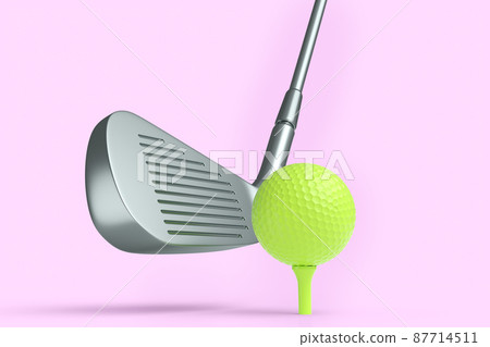 Silver golf club and ball isolated on pink background. 3d rendering of sport equipment for team playing games Silver golf club and ball isolated on pink background. 3d rendering of sport equipment for team playing games 87714511