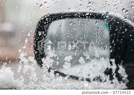 wet snow on the car window in winter 87714522