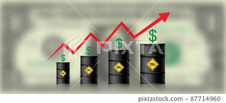 The price of oil is rising. Barrels of oil, dollar and infographics with a red up arrow. Rising crude oil prices concept, vector illustration isolated on blurred one dollar background The price of oil is rising. Barrels of oil, dollar and infographics with a red up arrow. Rising crude oil prices concept, vector illustration isolated on blurred one dollar background 87714960