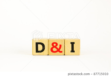 D and I, Diversity and inclusion symbol. Concept words D and I, diversity and inclusion on wooden cubes on beautiful white table, white background. Business, D and I, diversity and inclusion concept. 87715010