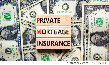 PMI private mortgage insurance symbol. Concept words PMI private mortgage insurance on blocks on a beautiful background from dollar bills. Business PMI private mortgage insurance concept. Copy space. 87715011