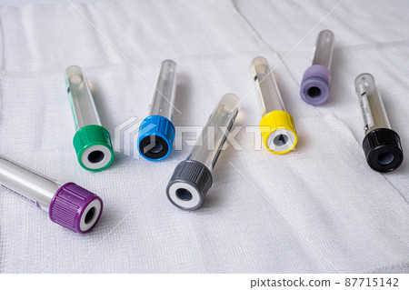 Plastic test tubes with caps for the collection of samples. Blood sampling tubes. 87715142