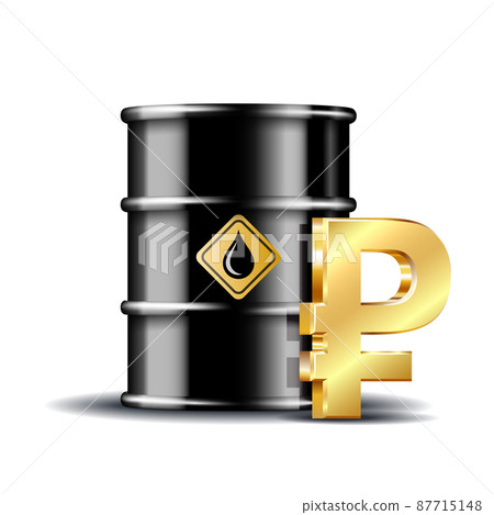 Oil barrel and gold rouble currency sign isolated on white Oil barrel and gold rouble currency sign isolated on white 87715148