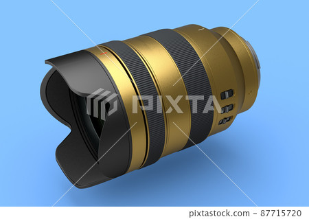 Modern nonexistent gold DSLR macro camera lens on blue background 87715720