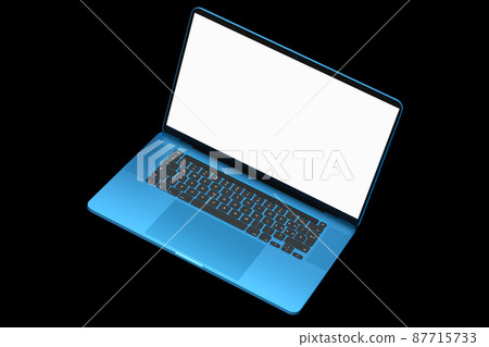 Realistic aluminum laptop with empty white screen isolated on black background. 87715733
