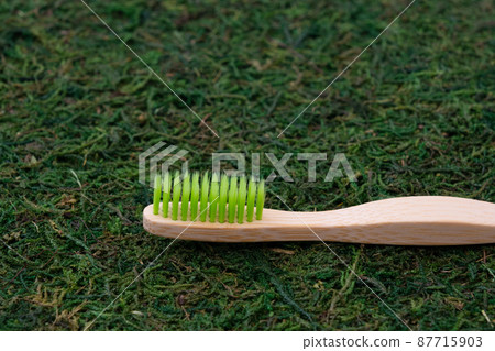 Eco-friendly toothbrush. Toothbrush on a natural background. Moss and grass. Ecology care concept 87715903