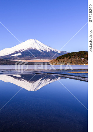 (Yamanashi Prefecture) Upside-down Fuji / Frozen Lake reflected in Lake Yamanaka in the early morning (Yamanashi Prefecture) Upside-down Fuji / Frozen Lake reflected in Lake Yamanaka in the early morning 87716249