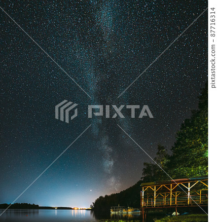 Night Stars Above Lake. Milky Way Galaxy And Natural Starry Sky Background Backdrop Landscape Night Stars Above Lake. Milky Way Galaxy And Natural Starry Sky Background Backdrop Landscape 87716314