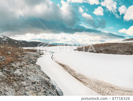 Aurlandsfjellet, Norway. Summer Norwegian Landscape Near Aurlandsfjellet Road. Scenic Route Road In Summer Evening. Popular Destination 87716326