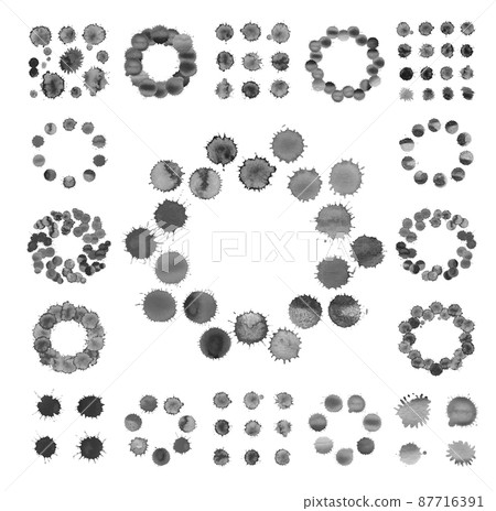Watercolor circle with black splashes. Watercolor circle stain background. 87716391