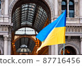 Ukrainian flag waved in Duomo Square in a protest against Russia invasion, Milan 87716456