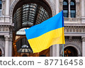 Ukrainian flag waved in Duomo Square in a protest against Russia invasion, Milan 87716458