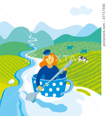 a sailor girl sails in a cup on a milk river among the fields 87717306