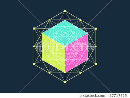 Mathematical 3D solid cube, Hexagonal Mandala, sacred geometry, magic hexagram. Abstract Geometric pattern element line design. Mystic colorful icon platonic solid vector isolated on blue background Mathematical 3D solid cube, Hexagonal Mandala, sacred geometry, magic hexagram. Abstract Geometric pattern element line design. Mystic colorful icon platonic solid vector isolated on blue background 87717315