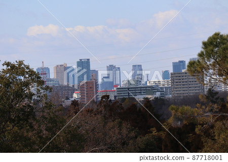 藍天、雲彩和建築物的城市景觀，以及森林中公園的景觀 87718001