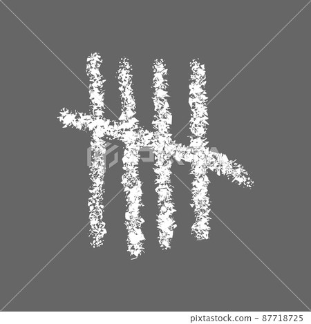 Chalk drawn tally mark sign. Four hand drawn sticks crossed out by slash line isolated on gray background. White counting stripes on chalkboard. Unary numeral system element 87718725