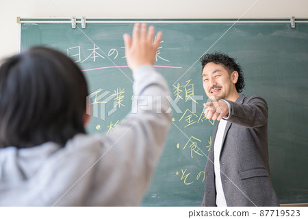 Elementary school class scene, raising hands, front blur 87719523