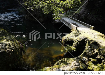 Fresh green valley and old wooden bridge 87720429