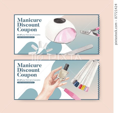 Voucher template with nail salon concept,watercolor style Voucher template with nail salon concept,watercolor style 87721424