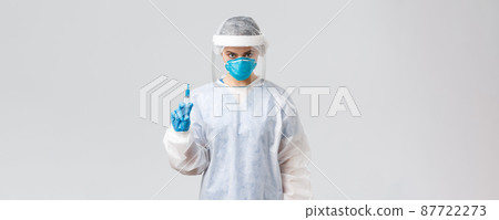 Covid-19, medical research, diagnosis, healthcare workers and quarantine concept. Serious doctor or nurse in personal protective equipment, face shield holding syringe with coronavirus vaccine Covid-19, medical research, diagnosis, healthcare workers and quarantine concept. Serious doctor or nurse in personal protective equipment, face shield holding syringe with coronavirus vaccine 87722273
