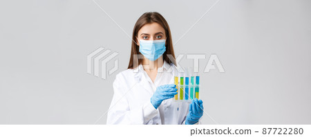 Covid-19, preventing virus, healthcare workers and quarantine concept. Tech lab nurse, doctor in personal protective equipment working with test-tubes, develop coronavirus vaccine, look serious 87722280
