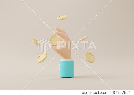 Hand holding gold coin and coins falling on the floor 87722665