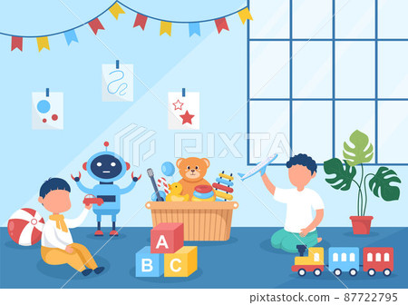 Cute Children Playing with Various Toy at Kindergarten in Flat Cartoon Style Illustration. Interior of Playroom for fun and Gaming 87722795