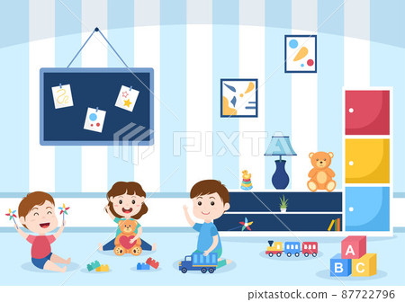 Cute Children Playing with Various Toy at Kindergarten in Flat Cartoon Style Illustration. Interior of Playroom for fun and Gaming 87722796