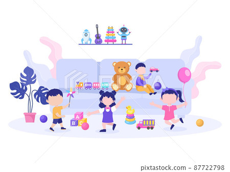 Cute Children Playing with Various Toy at Kindergarten in Flat Cartoon Style Illustration. Interior of Playroom for fun and Gaming 87722798