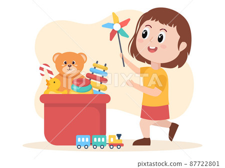 Cute Children Playing with Various Toy at Kindergarten in Flat Cartoon Style Illustration. Interior of Playroom for fun and Gaming Cute Children Playing with Various Toy at Kindergarten in Flat Cartoon Style Illustration. Interior of Playroom for fun and Gaming 87722801