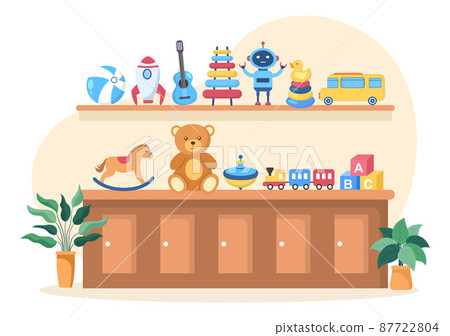 Cute Kids Toy Box Full at Kindergarten in Flat Cartoon Style Illustration. Interior of Playroom for fun and Gaming 87722804