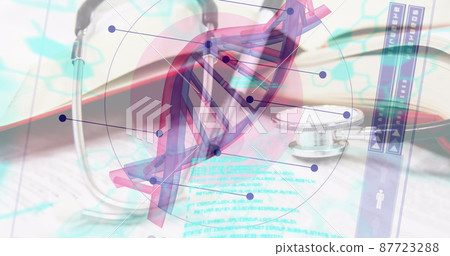 Image of dna strand spinning over doctor's stethoscope Image of dna strand spinning over doctor's stethoscope 87723288