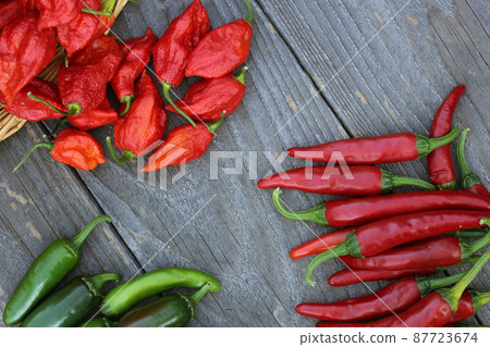 Fresh Peppers outdoors at rural farmers market, Jalapeno, Cayenne and Bhut Jolokia 87723674