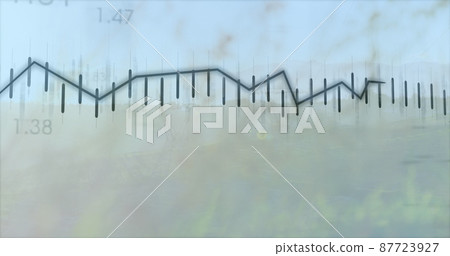 Image of financial data processing over electricity pylons and landscape 87723927