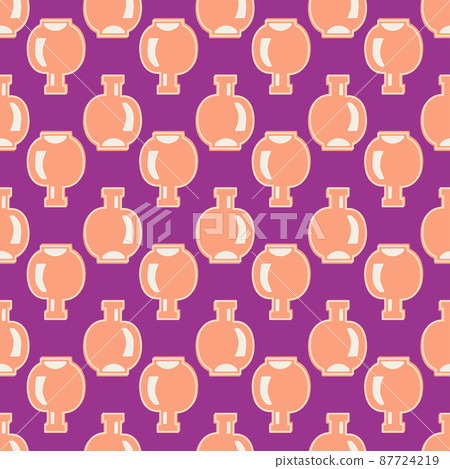 Vector seamless pattern with vase in flat style. Purple and pink color. For printing on fabric, for printing on paper, for fashion design. 87724219