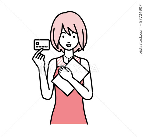 Woman in a dress standing and holding documents and cards Woman in a dress standing and holding documents and cards 87724907