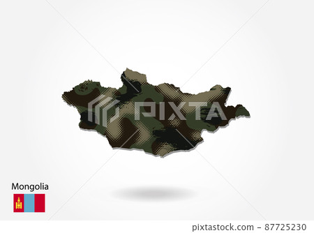 Mongolia map with camouflage pattern, Forest - green texture in map. Military concept for army, soldier and war. coat of arms, flag. 87725230
