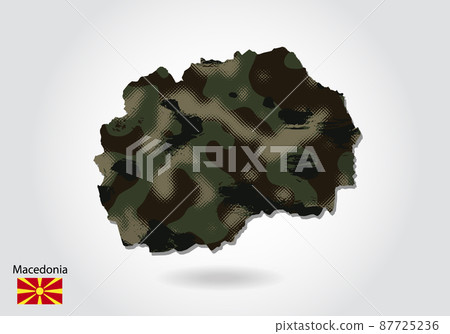 macedonia map with camouflage pattern, Forest - green texture in map. Military concept for army, soldier and war. coat of arms, flag. 87725236